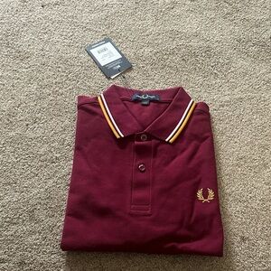 Fred Perry Men's Maroon Polo with Yellow Accents size M